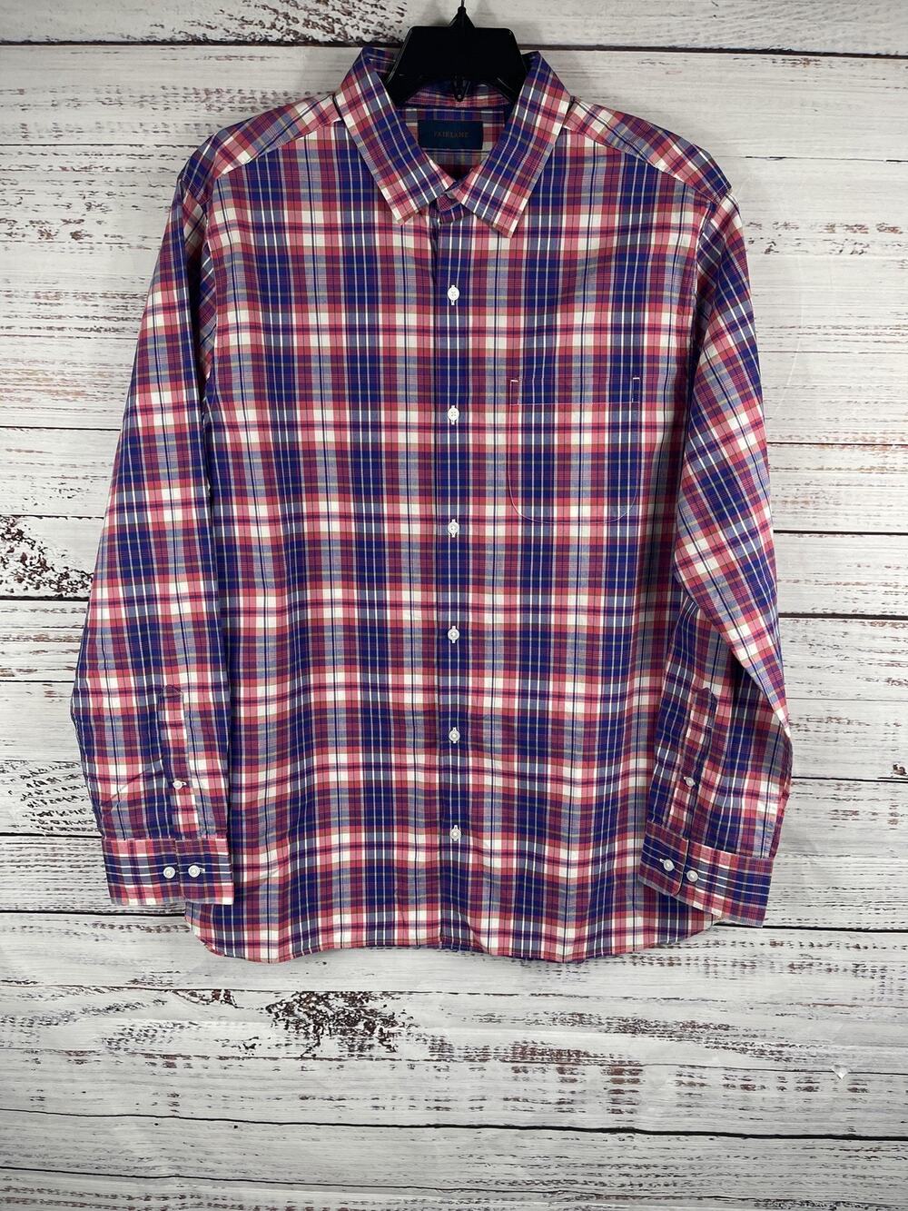 Fairlane Shirt Mens XL Red Blue Plaid Button Down Long Sleeve 100% Cotton Casual